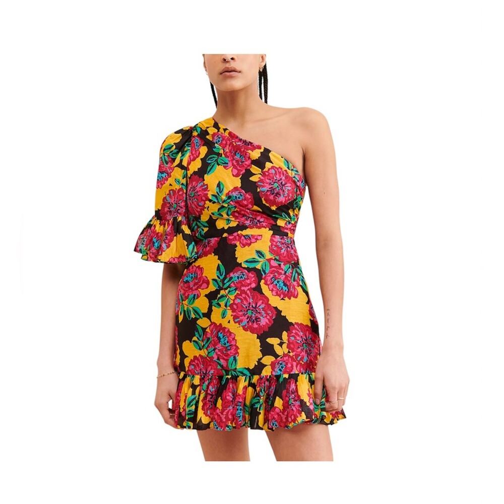 One-Shoulder Floral Ruffle Mini Dress in Yellow